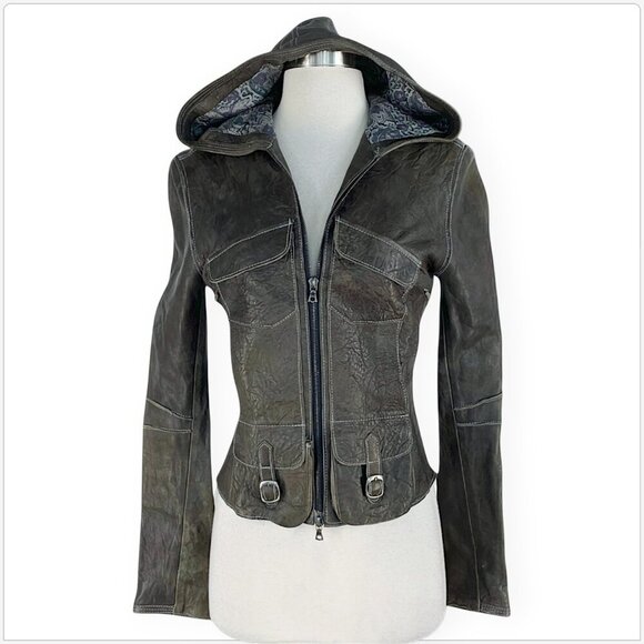 Tag Elements Olive Gray Distressed Textured Leather Hoodie Jacket Hood S M ? - Picture 1 of 5
